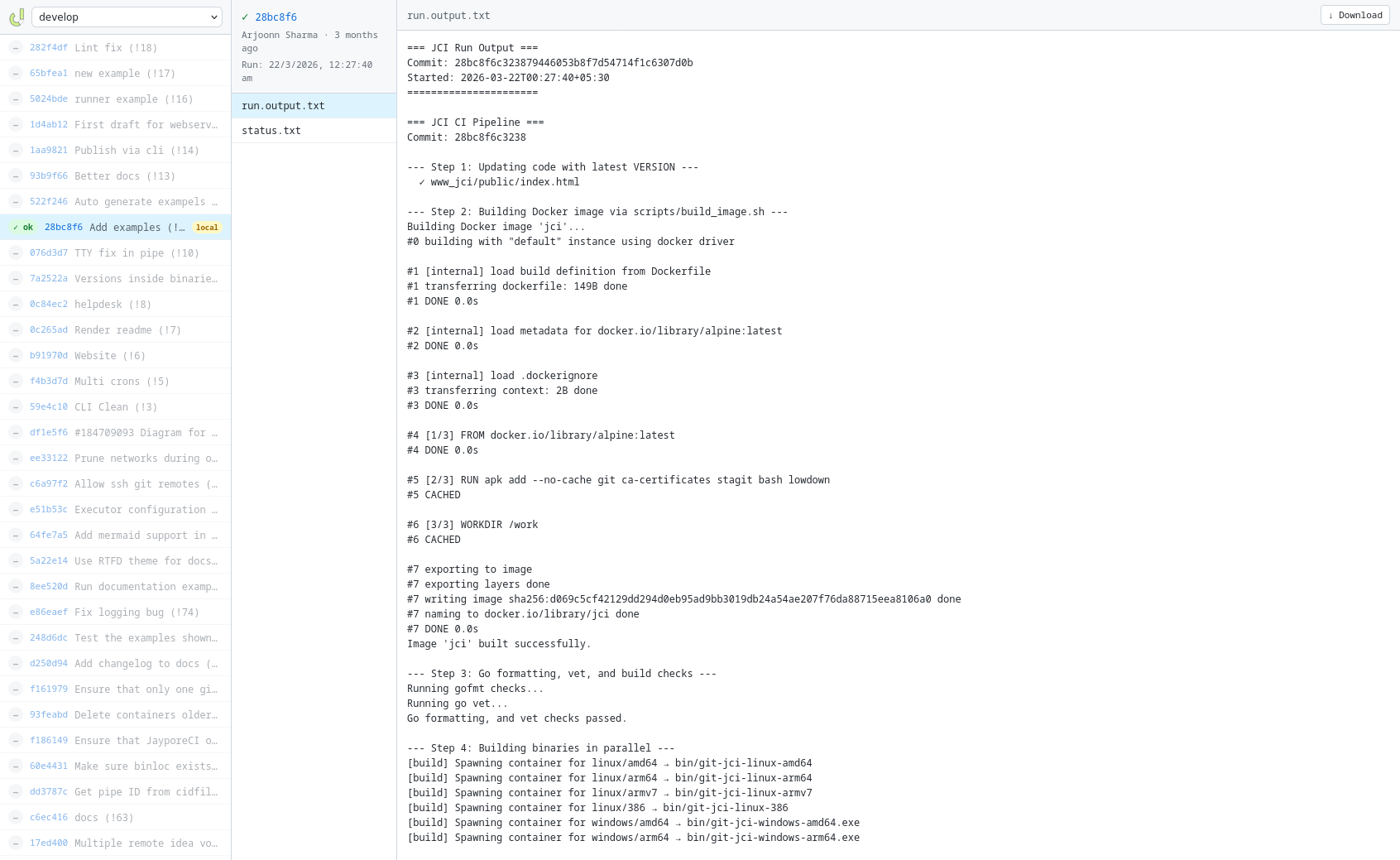 The git jci web dashboard showing CI run results